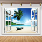 Lofaris Tropischer Fensterblick Strand Fotohintergrund mit Palmen und Meer, perfekte Kulisse für Urlaubsfotos und Sommerparty Dekoration