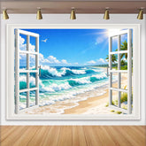 Lofaris Blauer Ozean Strand-Fensterblick-Hintergrund mit Wellen und Palmen, sommerliche Fotokulisse für Urlaubsfotos und Raumdekoration