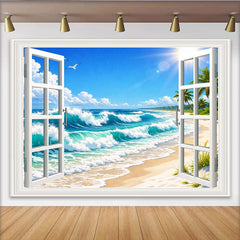 Lofaris Blauer Ozean Strand-Fensterblick-Hintergrund mit Wellen und Palmen, sommerliche Fotokulisse für Urlaubsfotos und Raumdekoration