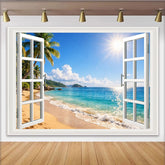 Lofaris Sonniger tropischer Strandlandschaft Hintergrund mit weißem Fenster und Palmen, idyllische Sommerkulisse für Fotostudio