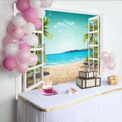 Lofaris Tropischer Strand-Fensterblick-Fotohintergrund mit Palmen und blauem Meer, perfekte Kulisse für Sommerurlaub und entspannte Fotografie