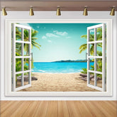 Lofaris Tropischer Strand-Fensterblick-Fotohintergrund mit Palmen und blauem Meer, perfekte Kulisse für Sommerurlaub und entspannte Fotografie