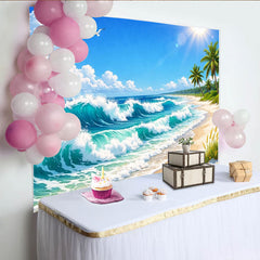 Lofaris Türkisblaue Ozeanwellen Strand Hintergrund mit Palmen und sonnigem Himmel, perfekte Fotokulisse für Sommerurlaub