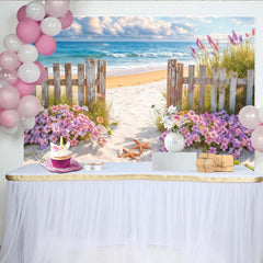 Lofaris Romantischer Blumenstrand Fotohintergrund mit Holzzaun, perfekte Kulisse für Sommerfotoshootings und Urlaubserinnerungen
