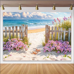 Lofaris Romantischer Blumenstrand Fotohintergrund mit Holzzaun, perfekte Kulisse für Sommerfotoshootings und Urlaubserinnerungen