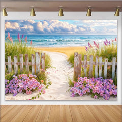 Lofaris Idyllischer Strandweg Hintergrund mit Holzzaun und bunten Blumen, sommerliche Meereslandschaft Fotowand für Fotoshootings
