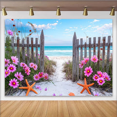 Lofaris Rosa Blumen Sommerstrand Fotohintergrund mit Holzzaun und Meer, natürliche Kulisse für Fotoshooting und Urlaub