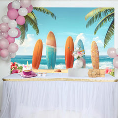 Lofaris Bunter Strand Surf Fotohintergrund mit Palmen und blauen Wellen, ideale Kulisse für Sommerparty und Fotoshooting