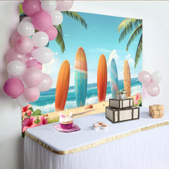 Lofaris Bunter Strand Surf Fotohintergrund mit Palmen und blauen Wellen, ideale Kulisse für Sommerparty und Fotoshooting