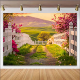 Lofaris Idyllischer Frühlingslandschaft Hintergrund mit rosa Blüten und grünem Weg, weißer Zaun, natürliche Fotokulisse für Fotoshootings