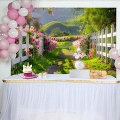 Lofaris Frühlingslandschaft Hintergrund mit rosa Blumen und weißem Zaun, natürliche Fotokulisse für professionelle Fotoshootings