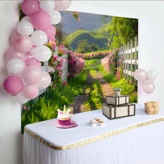 Lofaris Frühlingslandschaft Hintergrund mit rosa Blumen und weißem Zaun, natürliche Fotokulisse für professionelle Fotoshootings