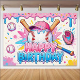 Lofaris Bunter Baseball Geburtstagshintergrund mit Happy Birthday Schriftzug, rosa blauer Cartoon Fotowand für Kinder Party Dekoration