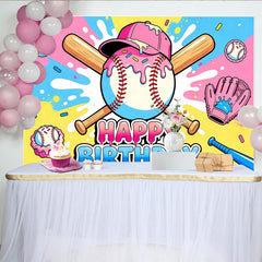 Lofaris Bunter Baseball-Geburtstagshintergrund mit rosa Zuckerguss und Schläger, fröhliche Fotowand für Kinderparty und Fotoshooting