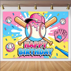 Lofaris Bunter Baseball-Geburtstagshintergrund mit rosa Zuckerguss und Schläger, fröhliche Fotowand für Kinderparty und Fotoshooting