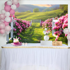 Lofaris Rosa Blumen Frühlingslandschaftshintergrund mit weißem Zaun, idyllische Kulisse für professionelle Fotografie und Studio