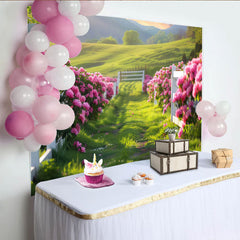 Lofaris Rosa Blumen Frühlingslandschaftshintergrund mit weißem Zaun, idyllische Kulisse für professionelle Fotografie und Studio