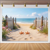 Lofaris Idyllischer Sommerstrandweg Fotohintergrund mit Meer und Blumen, perfekte Kulisse für Urlaubsfotos und entspannte Porträts