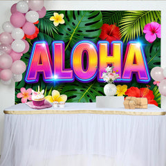 Lofaris Vibranter Aloha Tropenhintergrund mit bunten Blumen und Blättern, farbenfrohe Fotowand für sommerliche Partydekoration
