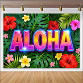Lofaris Vibranter Aloha Tropenhintergrund mit bunten Blumen und Blättern, farbenfrohe Fotowand für sommerliche Partydekoration