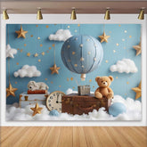 Lofaris Blauer Heißluftballon Babyparty Hintergrund mit Wolken und Sternen, süße Fotokulisse für Neugeborenen- und Kinderfotografie