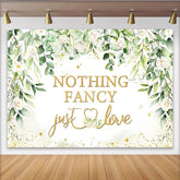 Lofaris Hochzeitshintergrund mit "just love" Schriftzug weißen Rosen goldenem Glitzer, elegante Kulisse für Verlobung und Fotoshooting