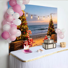 Lofaris Exotischer Strand Weihnachts-Hintergrund mit Lichterkette, festliche Fotowand für Winterparty und Fotoshooting
