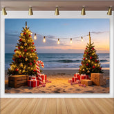 Lofaris Exotischer Strand Weihnachts-Hintergrund mit Lichterkette, festliche Fotowand für Winterparty und Fotoshooting