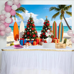 Lofaris Tropischer Weihnachts-Strandhintergrund mit Palmen und Surfbrettern, festliche Kulisse für Sommer-Weihnachtsfeier und Fotoshooting