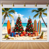 Lofaris Tropischer Weihnachts-Strandhintergrund mit Palmen und Surfbrettern, festliche Kulisse für Sommer-Weihnachtsfeier und Fotoshooting