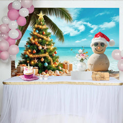 Lofaris Tropischer Weihnachtsstrand-Hintergrund mit Sandmann und Palmen, festliche Kulisse für Urlaubsfotoshootings