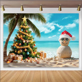 Lofaris Tropischer Weihnachtsstrand-Hintergrund mit Sandmann und Palmen, festliche Kulisse für Urlaubsfotoshootings