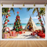 Lofaris Weihnachtsbaum am Strand Hintergrund mit Palmen und bunten Geschenken, festliche Kulisse für Sommerpartys und Fotoshootings