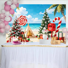 Lofaris Tropischer Weihnachtshintergrund mit Palmen und Geschenken am Strand, festliche Fotokulisse für Weihnachtsfeiern und Fotoshootings