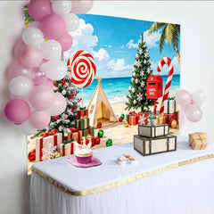 Lofaris Tropischer Weihnachtshintergrund mit Palmen und Geschenken am Strand, festliche Fotokulisse für Weihnachtsfeiern und Fotoshootings