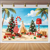 Lofaris Tropischer Strand-Weihnachtshintergrund mit Palmen und Geschenken, festliche Fotowand für Sommer-Weihnachtsfeier