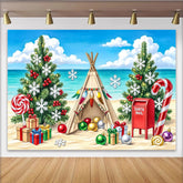 Lofaris Tropischer Strand-Weihnachtshintergrund mit Tipi, Geschenken und Zuckerstange, festliche Kulisse für einzigartige Winter-Partyfotos