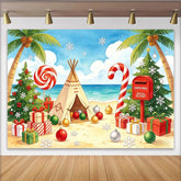 Lofaris Tropischer Weihnachtsstrand Hintergrund mit Palmen, Geschenken und Zuckerstangen, festliche Kulisse für sommerliche Feiern