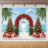 Lofaris Tropischer Strand-Weihnachtshintergrund mit Palmen und Geschenken, festliche Kulisse für Winterpartys und Fotoshootings