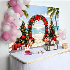 Lofaris Tropischer Strand-Weihnachtshintergrund mit Palmen, roten Weihnachtssternen und Geschenken, Kulisse für Winterurlaub Fotoshootings