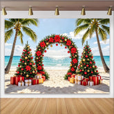 Lofaris Tropischer Strand-Weihnachtshintergrund mit Palmen, roten Weihnachtssternen und Geschenken, Kulisse für Winterurlaub Fotoshootings