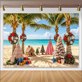 Lofaris Weihnachtsstrand-Hintergrund mit Palmen und Lebkuchenhaus, festliche Fotowand für einzigartige Urlaubsfotos und Partydekoration