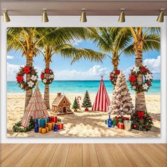 Lofaris Weihnachtsstrand-Hintergrund mit Palmen und Lebkuchenhaus, festliche Fotowand für einzigartige Urlaubsfotos und Partydekoration