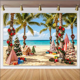 Lofaris Festlicher Weihnachten am Strand Hintergrund mit Palmen und Geschenken, winterliche Kulisse mit Lebkuchenhaus für Fotoshootings