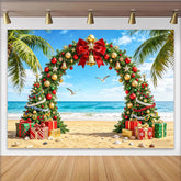 Lofaris Festlicher Weihnachtsstrand-Hintergrund mit Palmen und Geschenken, tropische Fotokulisse für Feiertagsdekoration