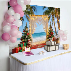 Lofaris Tropischer Weihnachtsstrand-Hintergrund mit Palmen und Lichterketten, festliche Kulisse für Winterurlaub und Fotoshooting