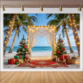 Lofaris Tropischer Weihnachtsstrand-Hintergrund mit Palmen und Lichterketten, festliche Kulisse für Winterurlaub und Fotoshooting