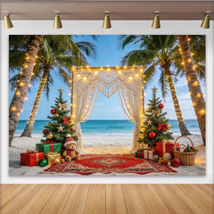Lofaris Tropischer Weihnachtsstrand-Hintergrund mit Palmen und Lichterketten, festliche Kulisse für Winterurlaub und Fotoshooting