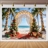 Lofaris Tropischer Weihnachtshintergrund mit Palmen und geschmückten Weihnachtsbäumen, elegante Kulisse für festliche Strandfotoshootings