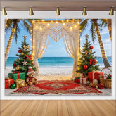 Lofaris Festlicher tropischer Strand-Weihnachtshintergrund mit Palmen, gemütliche Kulisse für Winterfotografie und Partydekoration